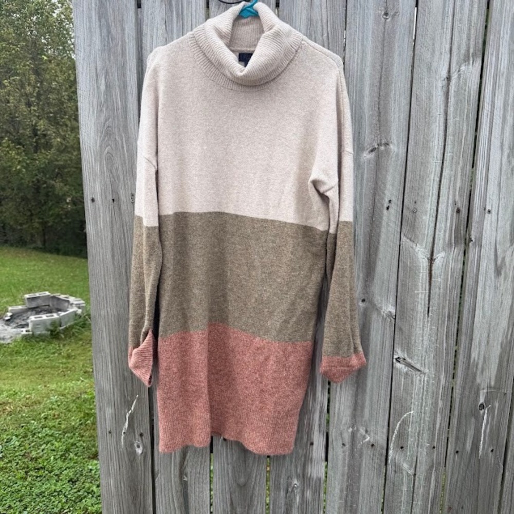 Boho Cozy Rachel Rachel Roy Tunic Sweater M Tan Brown Pink Colorblock Turtleneck